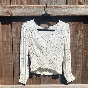 American Eagle Polka Dot Smocked Waist Long-Sleeve Blouse- Cream/Black Medium